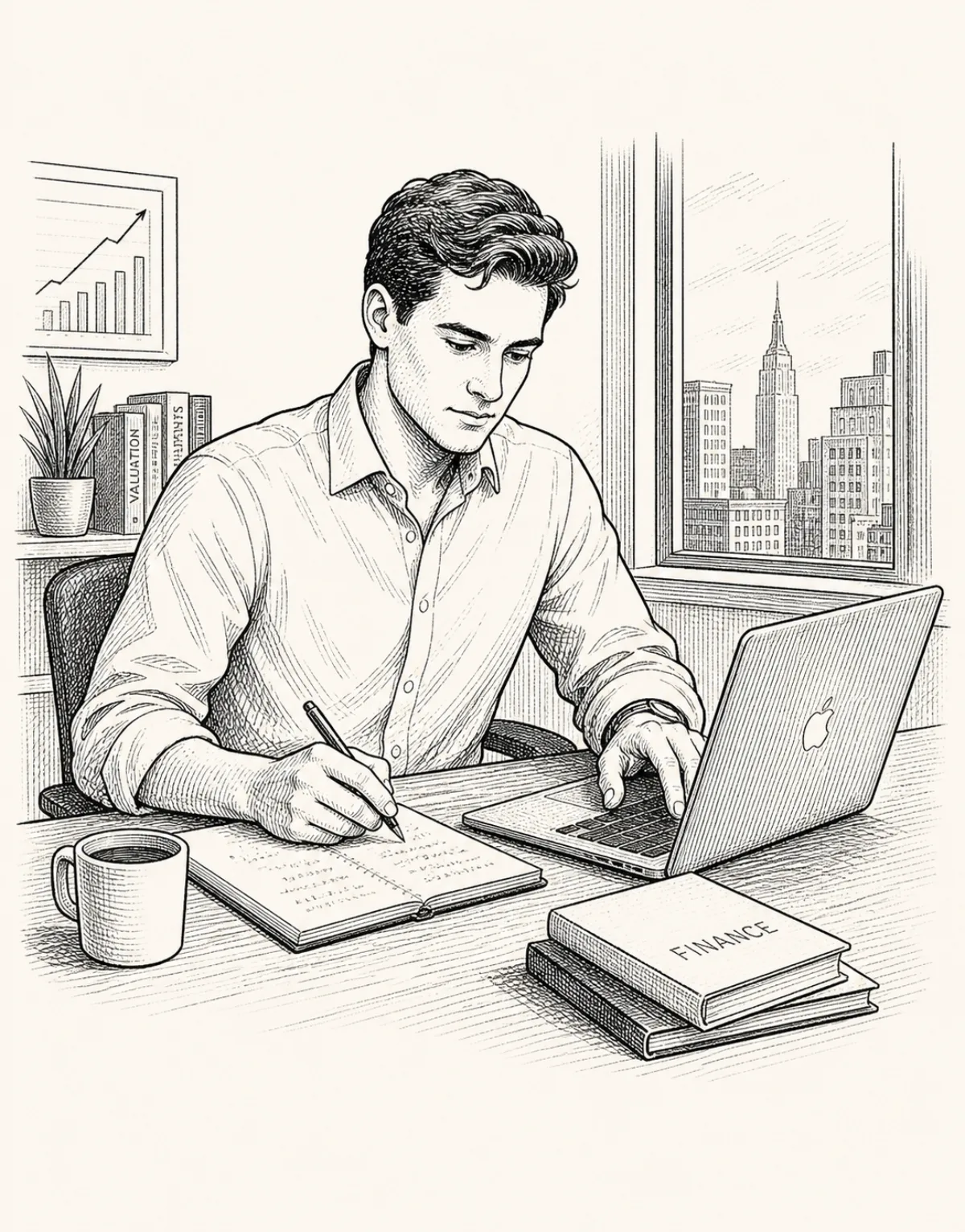 Editorial pen-and-ink illustration of a tax professional at a desk reviewing a cost segregation study with laptop, ledger, and reference books — cream paper background.